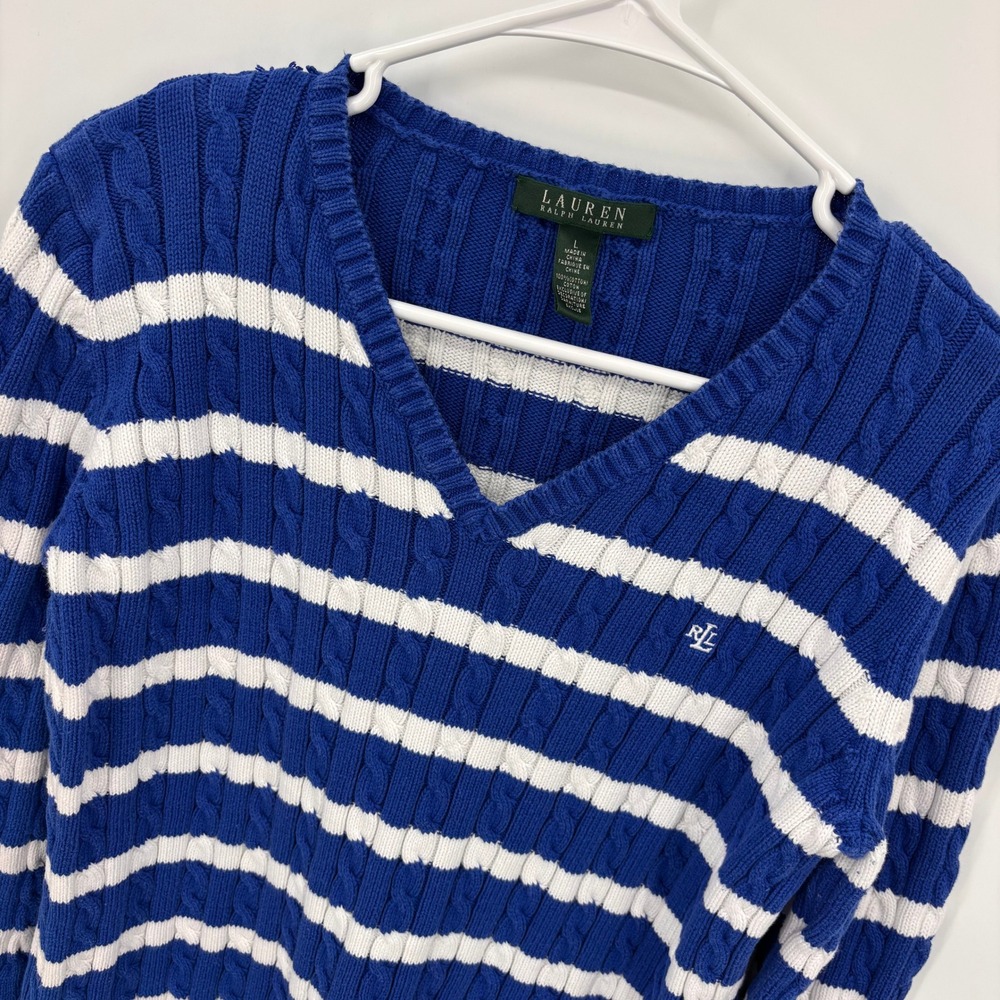 Lauren Ralph Lauren V-Neck Sweater Womens Large Blue White Striped Cable Knit EX